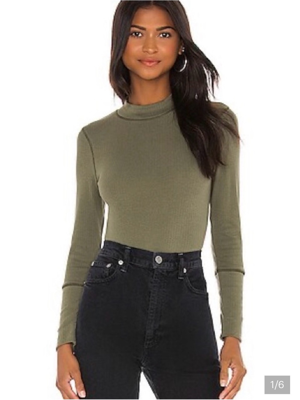 Free People Olive Ribbed Mock Neck Long Sleeve Top